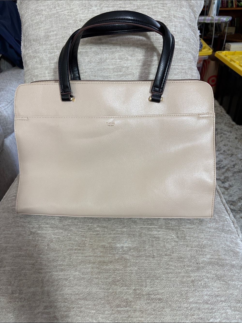 Tutilo Two-Tone Satchel in Beige with Black Handles Contemporary Professional